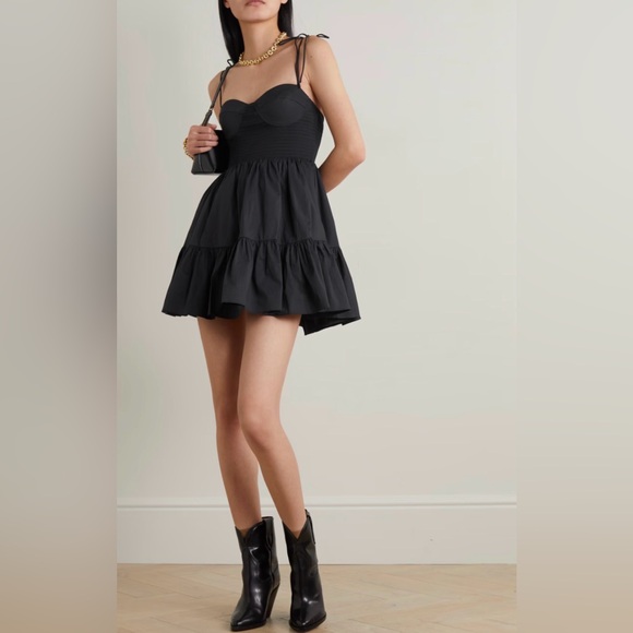 STAUD Dresses & Skirts - STAUD Landry open-back smocked tiered cotton-blend poplin mini dress sz S black
